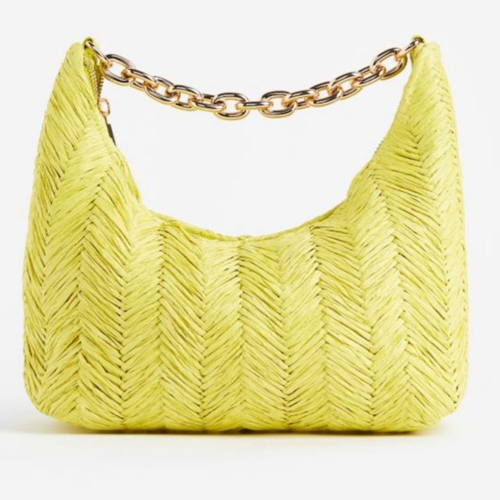 H&M Woven Straw Shoulder Bag with Chunky Gold Chain In Bright Green-Yellow